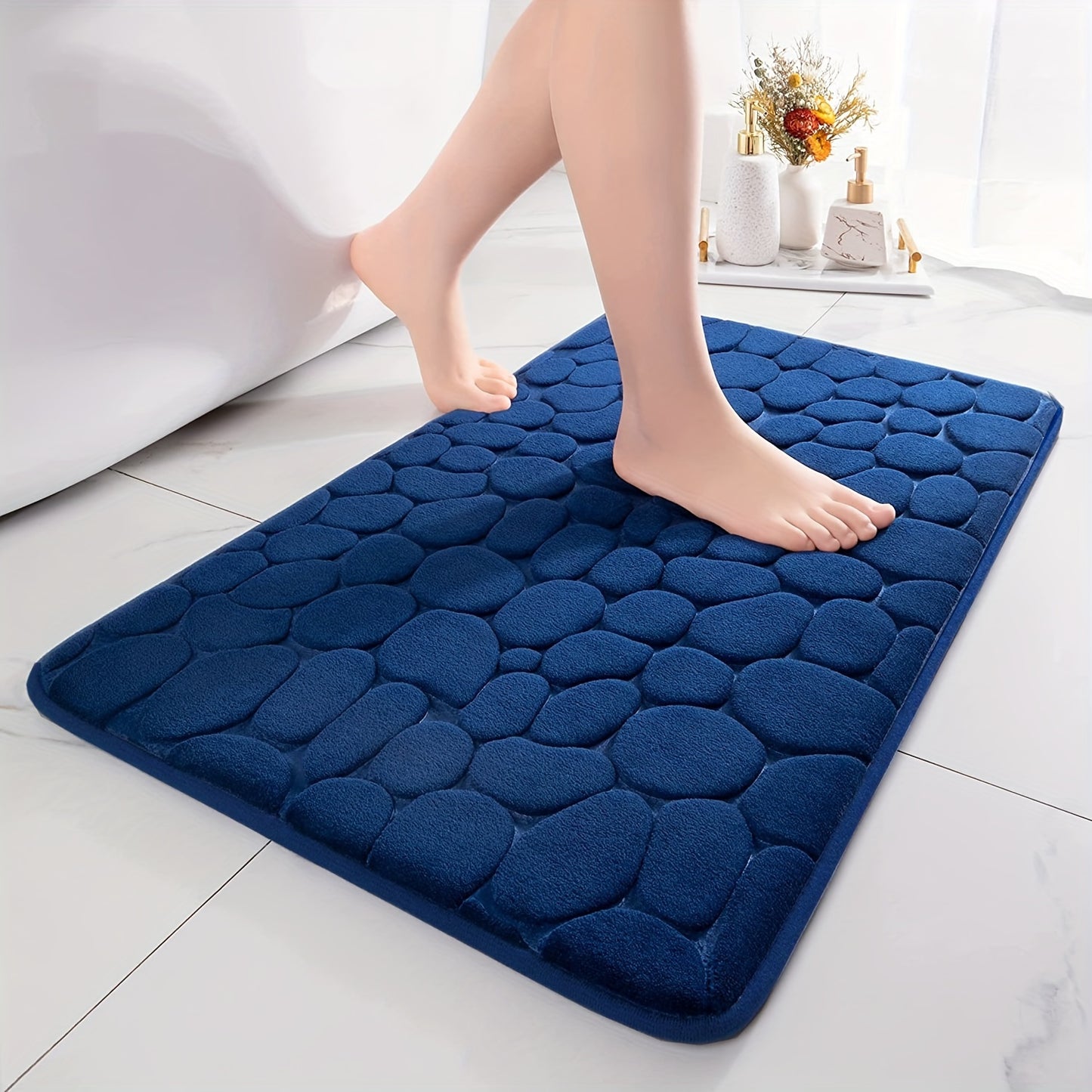 1pc Rapid Water Absorbent Soft Memory Foam Bath Rug with Cobblestone Embossment - Non-Slip, Washable, Perfect for Shower Room and Bathroom Accessories