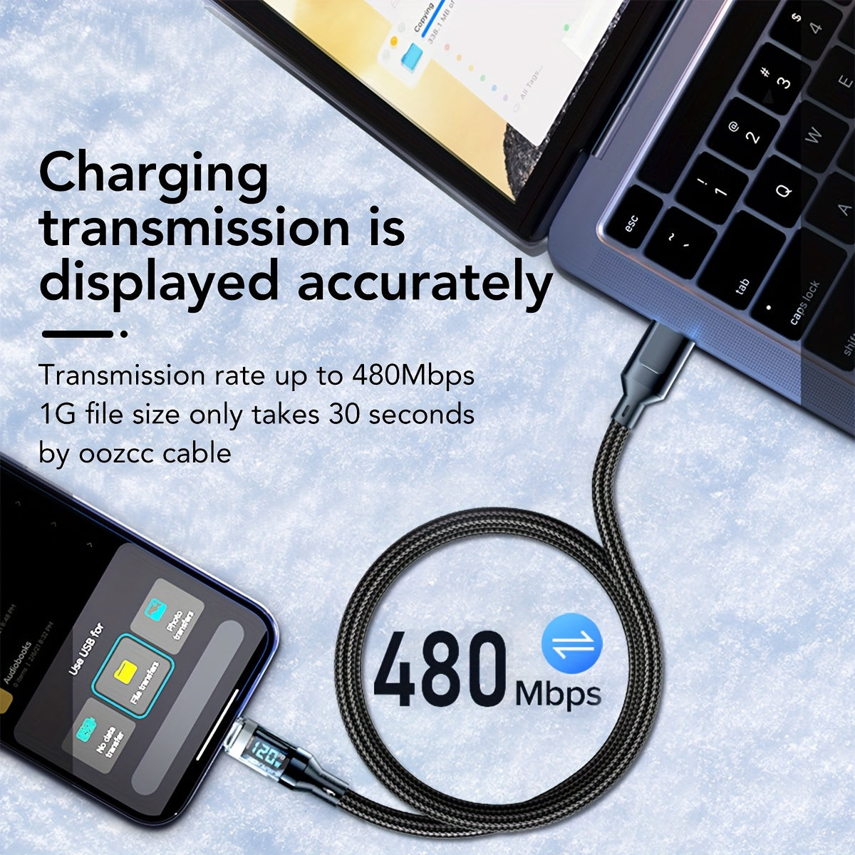120W 6A Rapid Charging Cable - USB Type C Charge Cable with LED Display - Fast and Safe Charging Solution for Devices