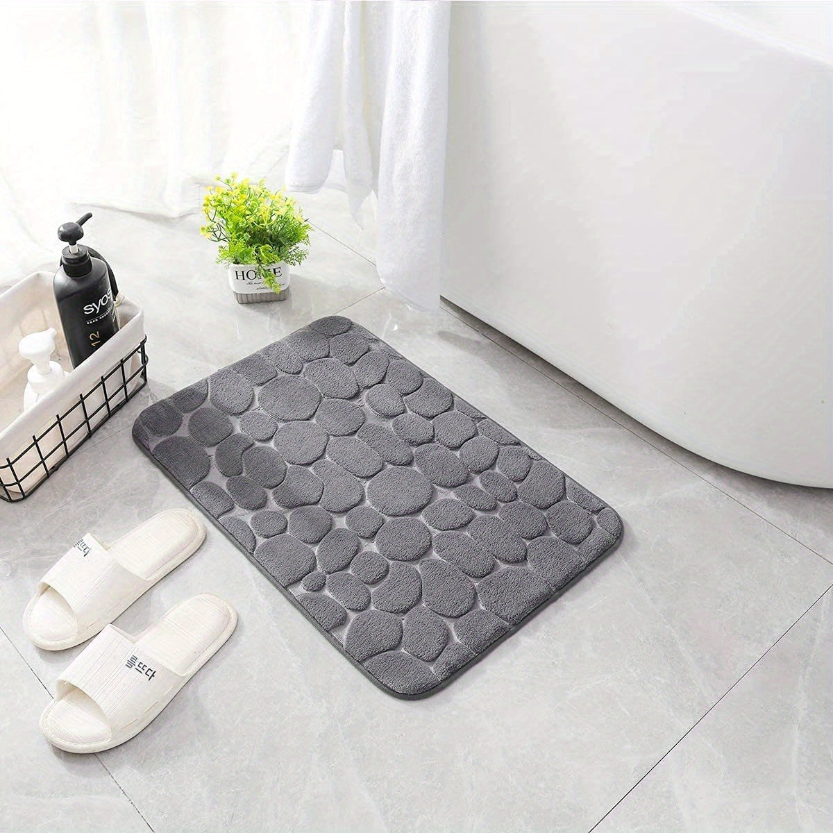 1pc Rapid Water Absorbent Soft Memory Foam Bath Rug with Cobblestone Embossment - Non-Slip, Washable, Perfect for Shower Room and Bathroom Accessories