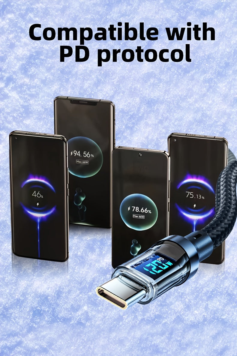 120W 6A Rapid Charging Cable - USB Type C Charge Cable with LED Display - Fast and Safe Charging Solution for Devices