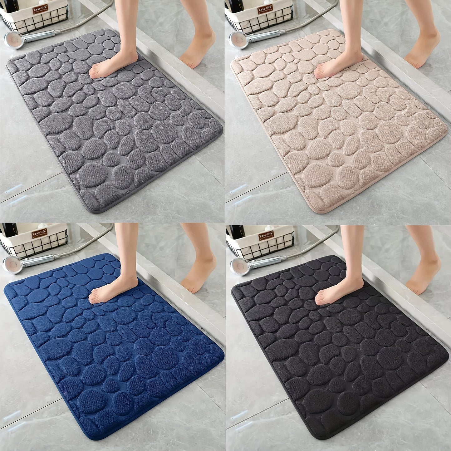 1pc Rapid Water Absorbent Soft Memory Foam Bath Rug with Cobblestone Embossment - Non-Slip, Washable, Perfect for Shower Room and Bathroom Accessories