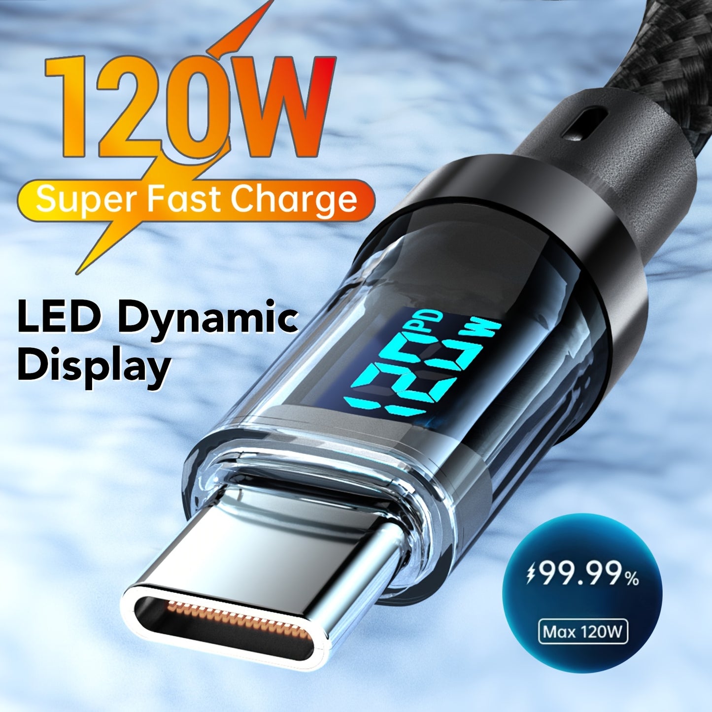 120W 6A Rapid Charging Cable - USB Type C Charge Cable with LED Display - Fast and Safe Charging Solution for Devices